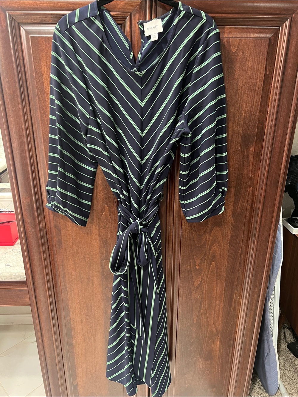 Nine West Navy Dress with Green Stripes Tie-Waist Midi